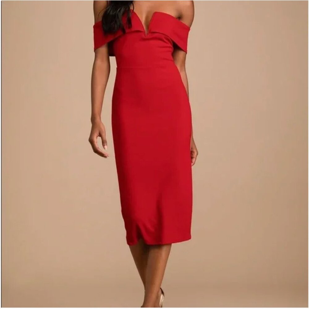 Lulu's My Favorite Night Red Off-the-Shoulder Bodycon Midi Dress